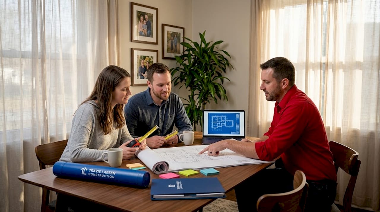 Homeowners reviewing plans with a custom home builder