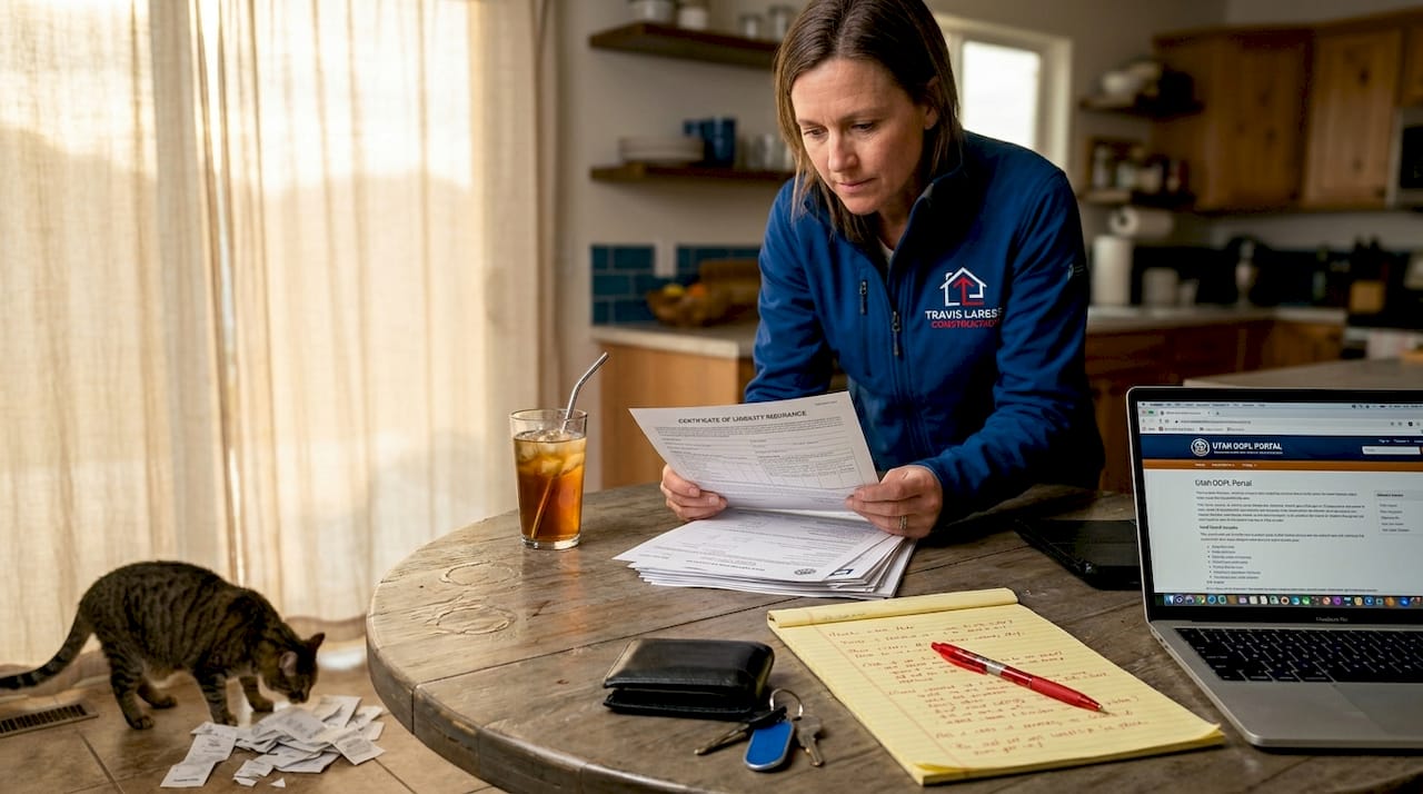 Contractor reviewing insurance paperwork at home
