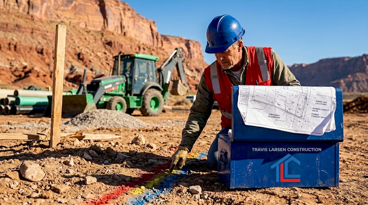 Site manager assessing utility lines on dirt lot