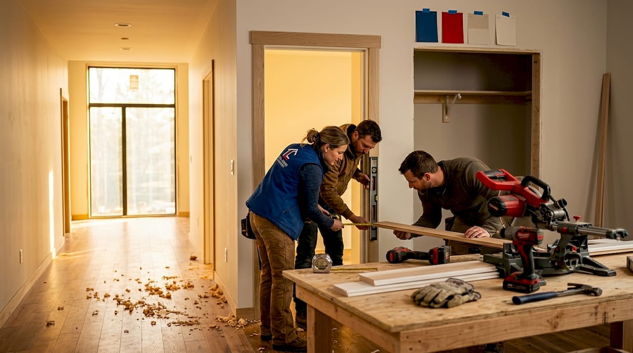 Carpenters installing trim in new house hallway
