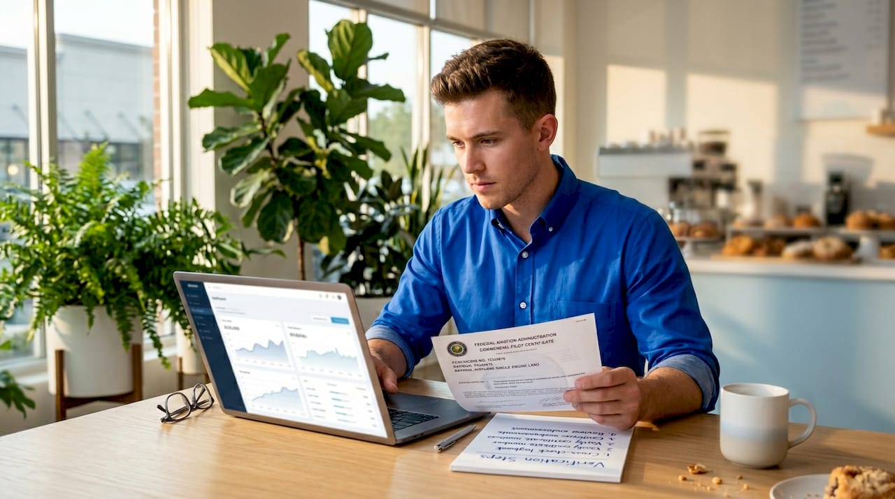 Professional verifying shop listing on laptop with paperwork