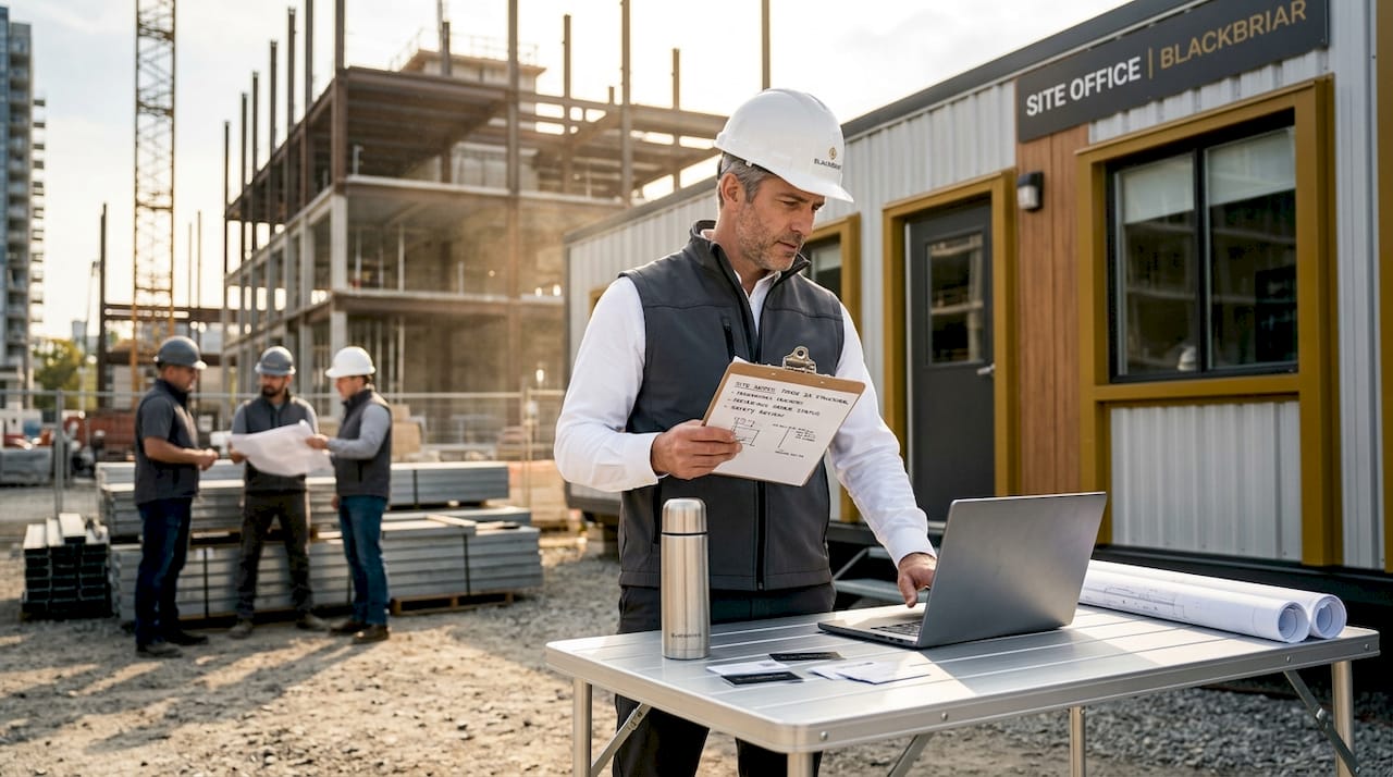 Project manager reviewing plans at active construction site