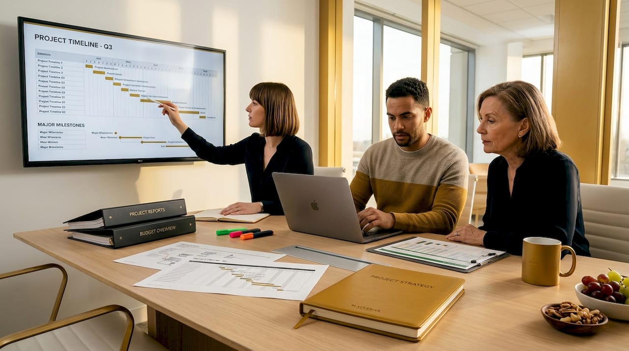 Construction project controls team working together in office