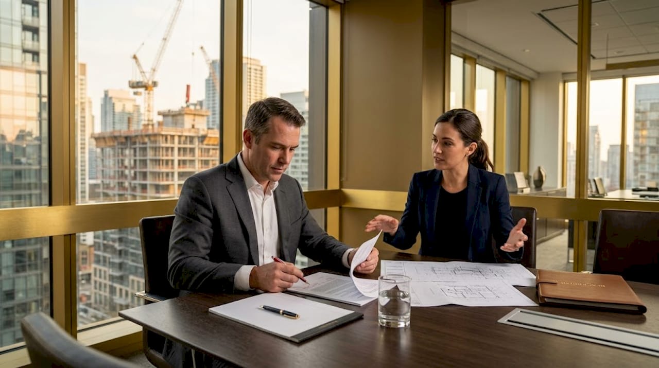 Developers reviewing contracts and blueprints in office