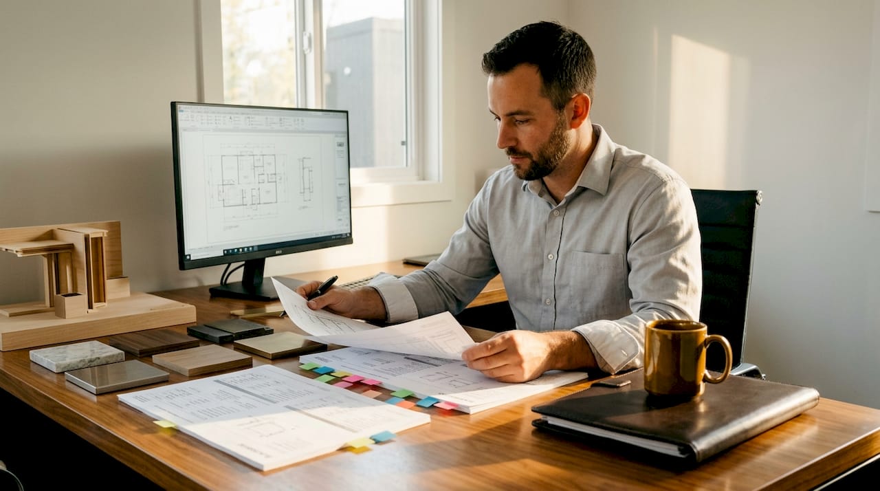 Project manager studying construction scope documents