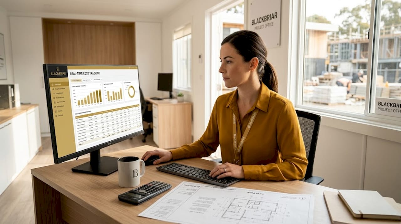 Accountant reviewing construction cost tracking software