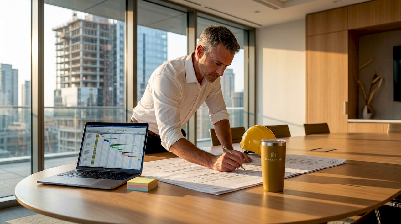Construction manager reviews blueprints and software tools