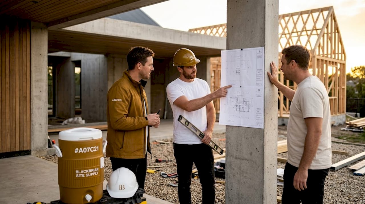 Construction team reviews site plans on jobsite