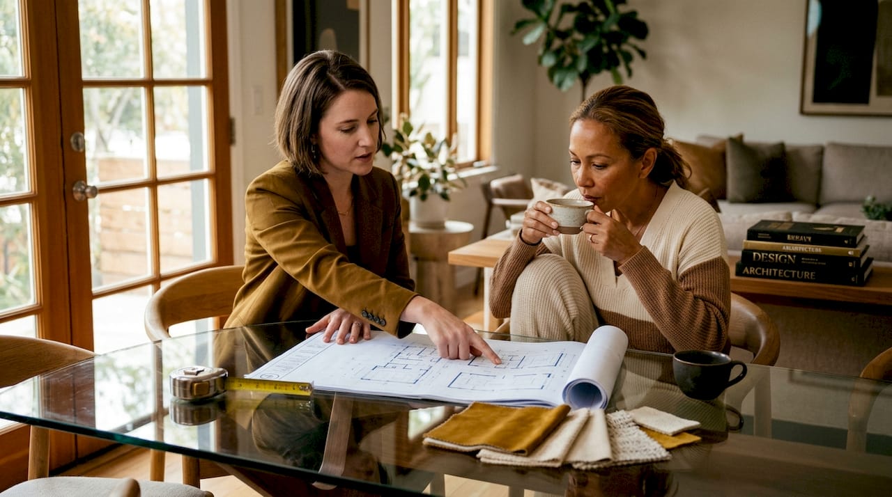 Architect and homeowner discuss plans at kitchen table