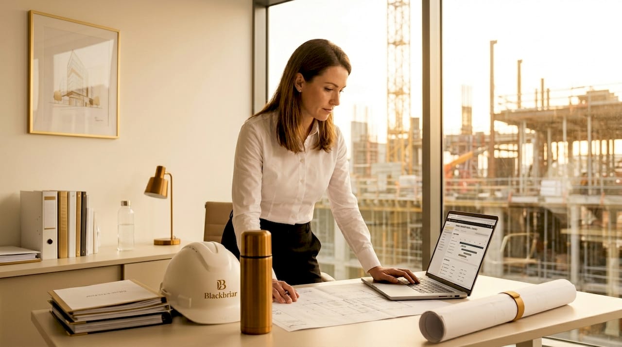 Manager reviewing plans in construction site office