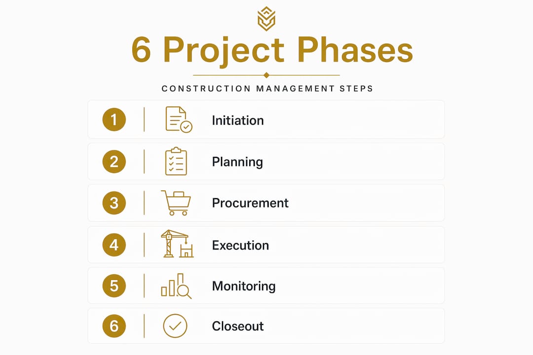 Infographic outlining six construction project phases