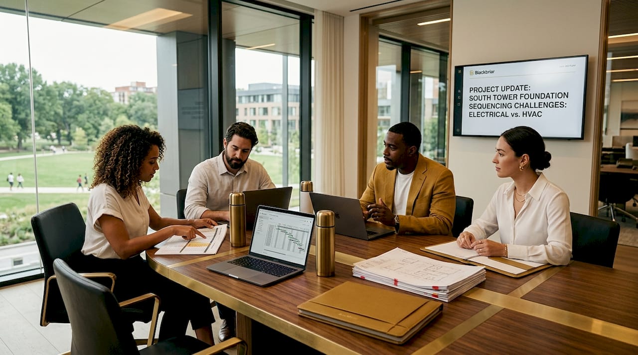 Subcontractor team coordinating schedules in conference room