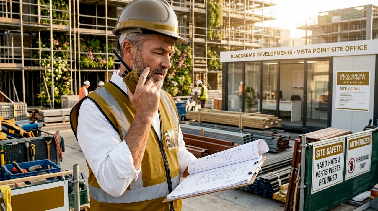 Experienced contractor reviewing blueprints on commercial construction site