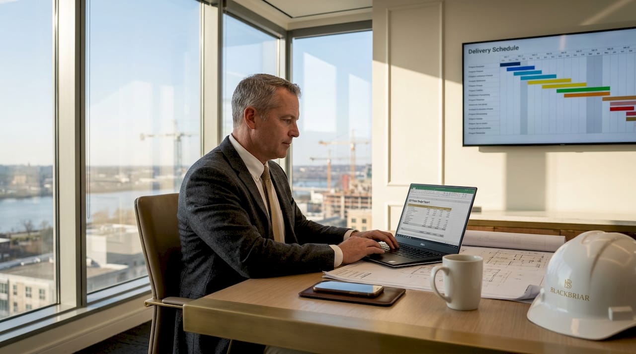 Project manager reviewing construction schedule in office