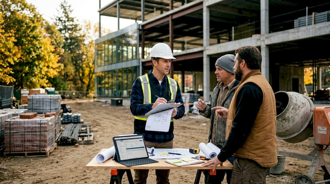 Construction site manager coordinating trade foremen