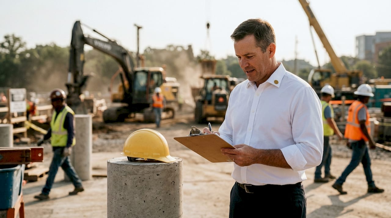 Construction manager reviewing contract documents