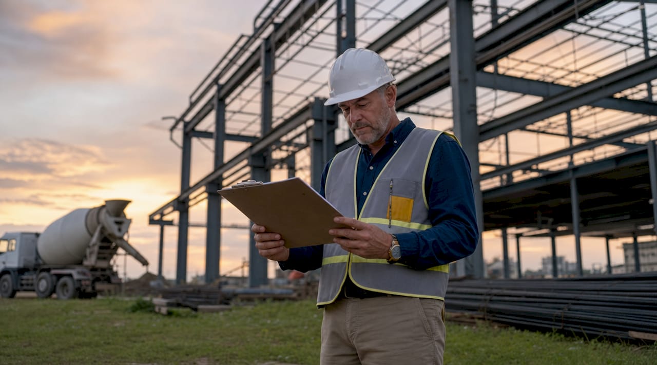 Construction inspector reviewing site plans outdoors