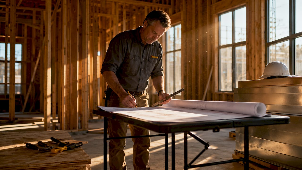 Contractor reviewing blueprints on construction site