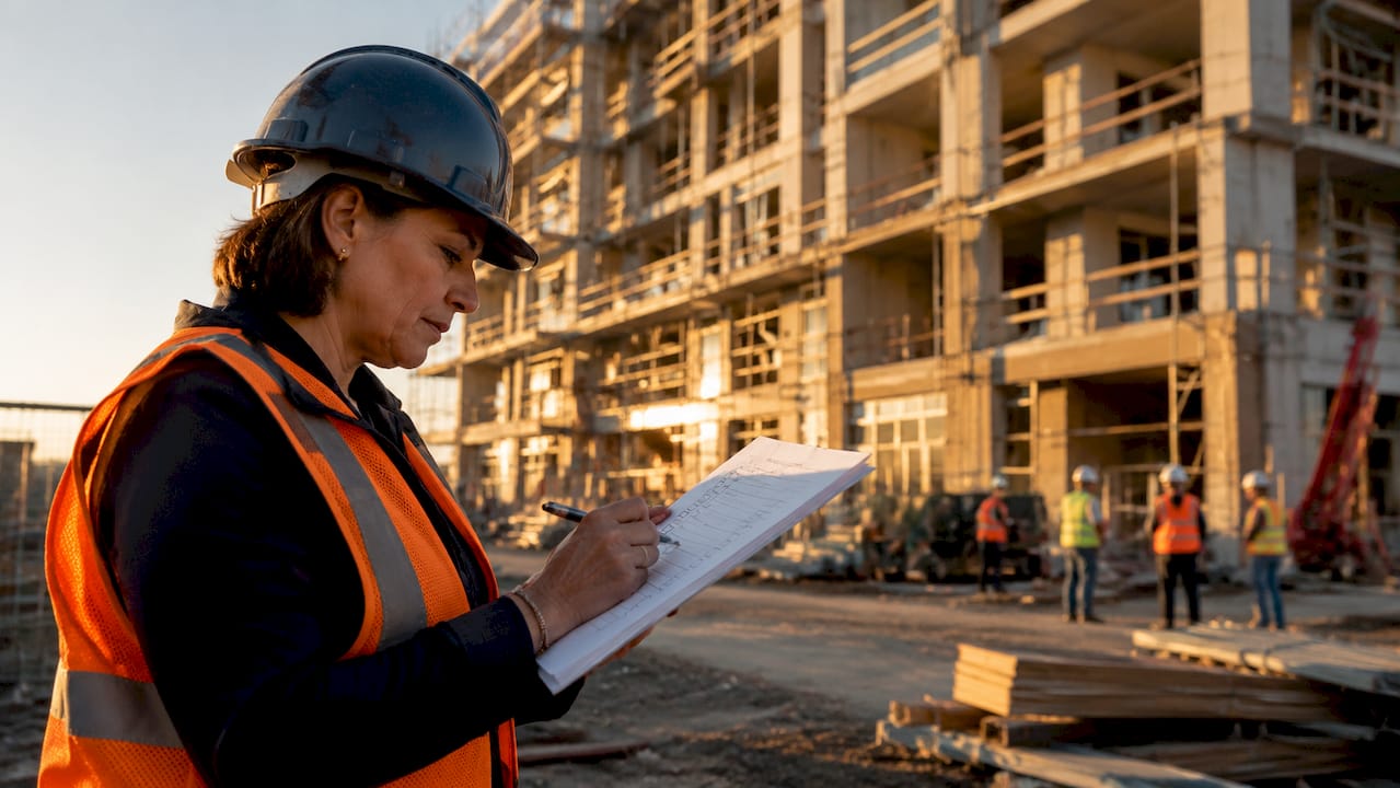 Project manager reviewing construction punch list on site