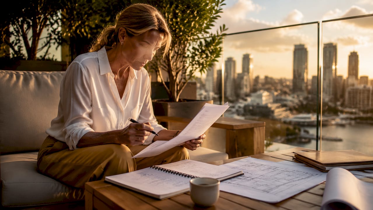 Businesswoman reviewing design-build contract documents