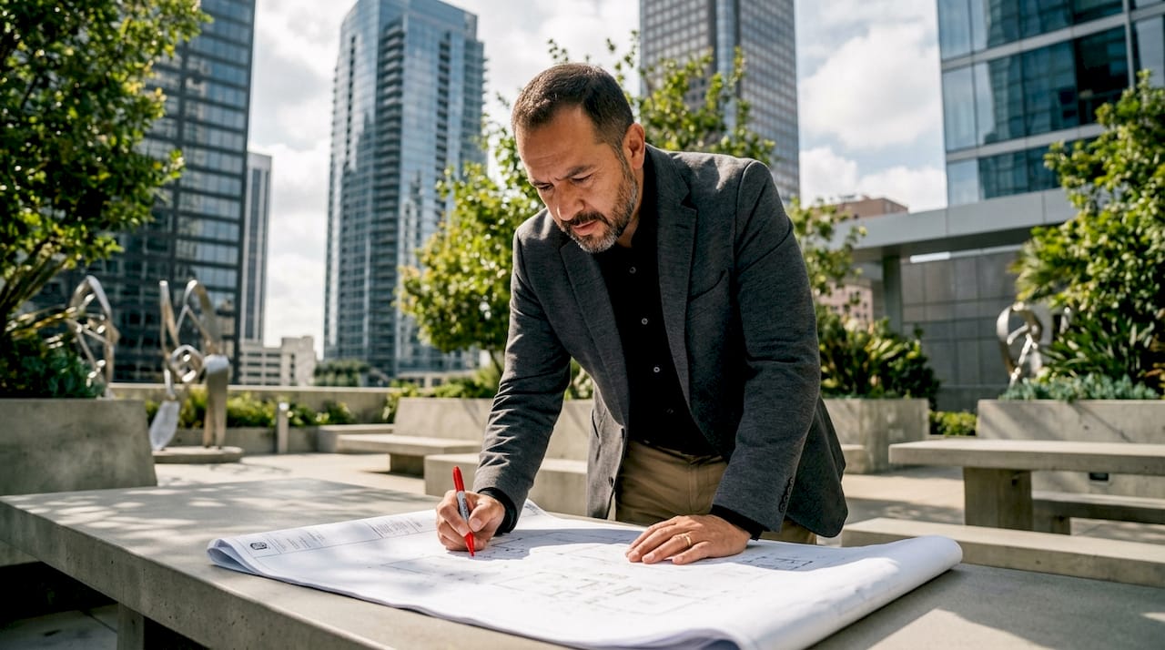 Architect reviewing luxury home blueprint in design studio