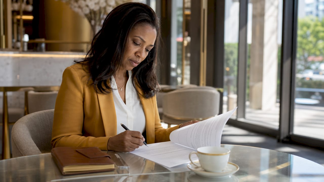 Woman reviewing luxury construction contract documents
