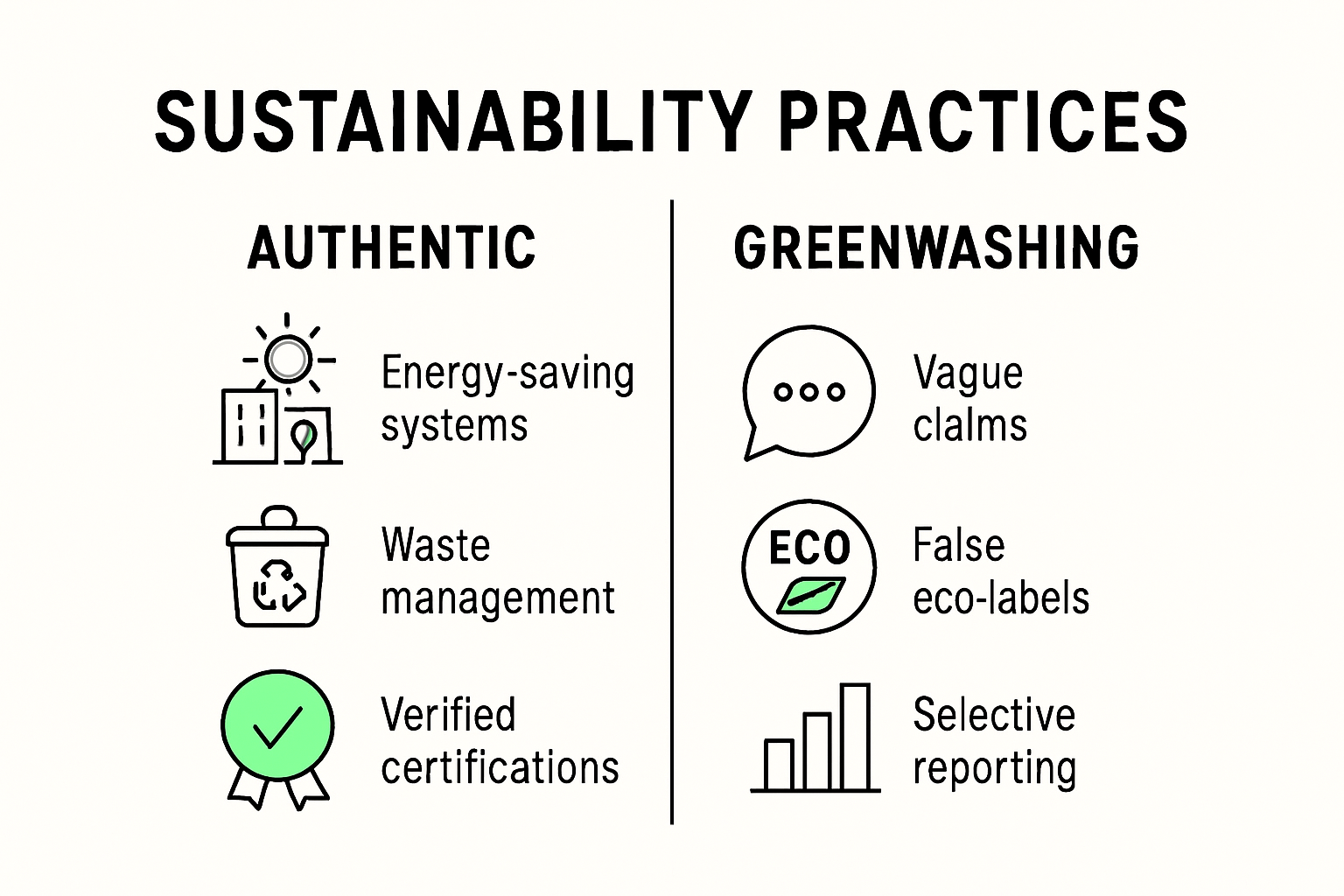 Comparison infographic: true sustainability vs hotel greenwashing