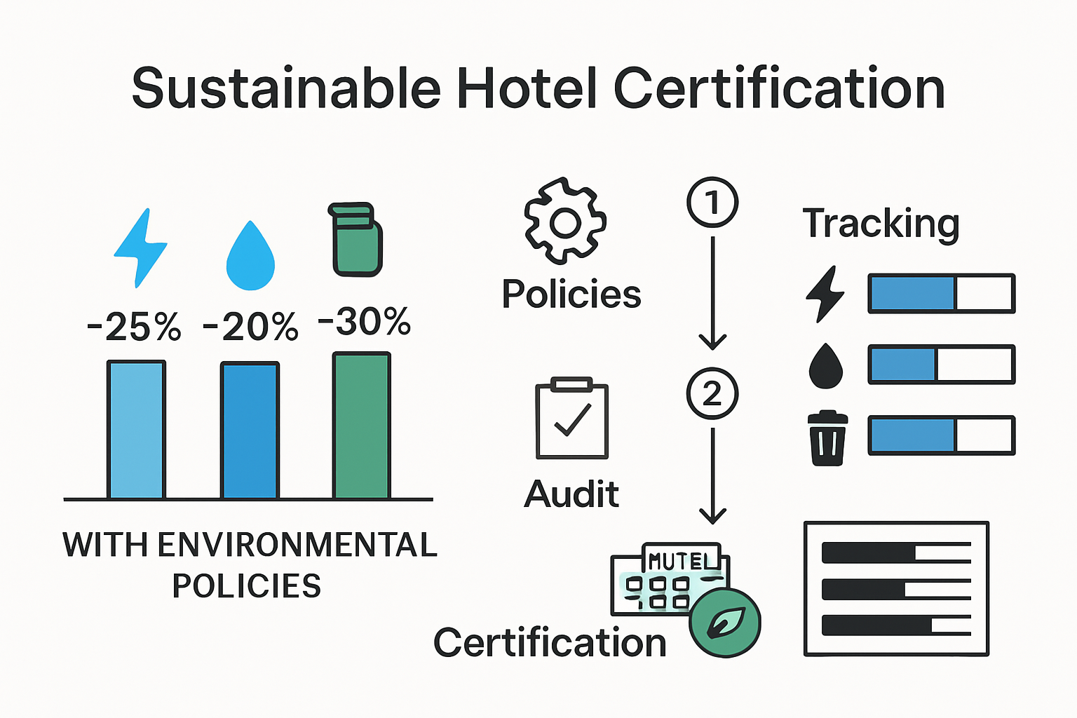 Infographic showing hotel sustainability savings and policy workflow