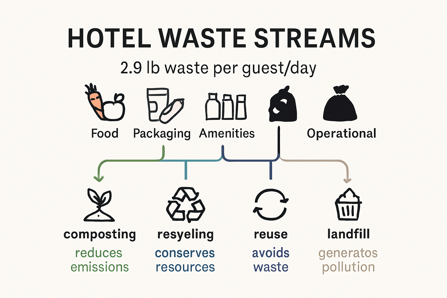 Hotel waste streams and management solutions infographic