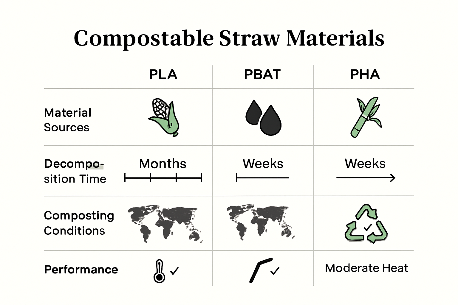 Infographic comparing compostable straw materials and performance
