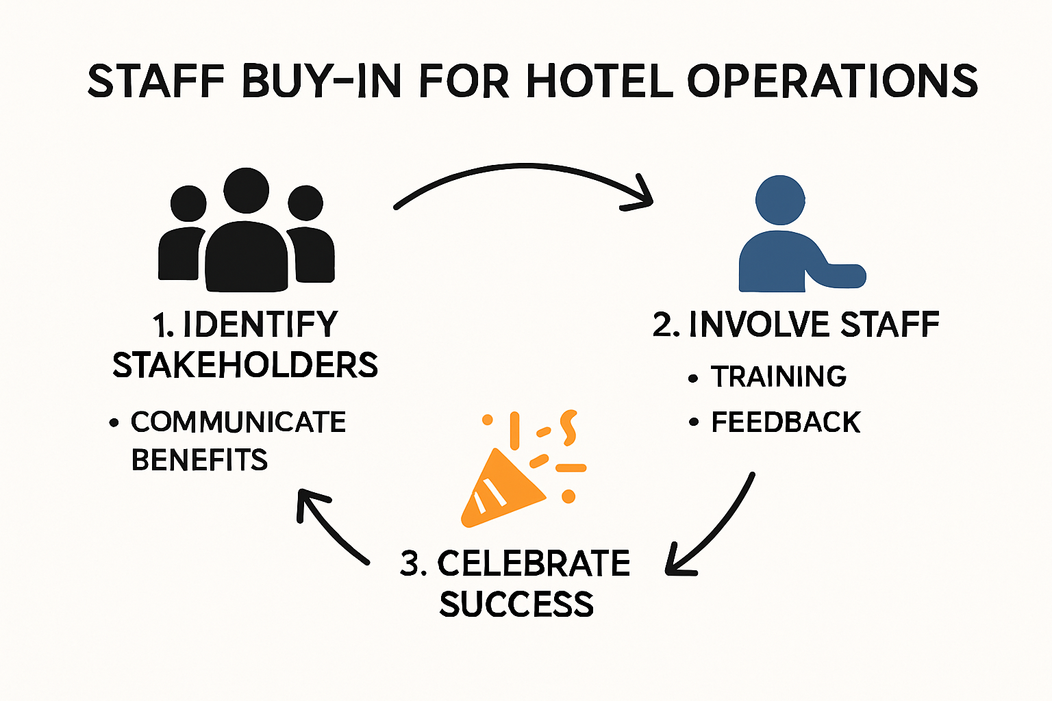 Infographic showing six steps to get staff buy-in in hotels