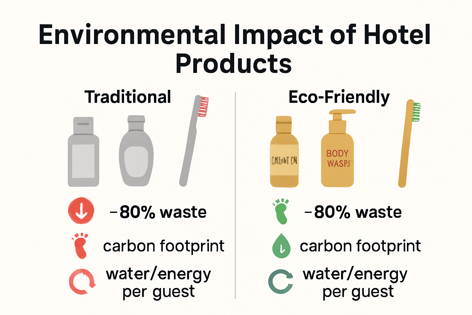 Infographic showing comparison between traditional and eco friendly hotel products impacts