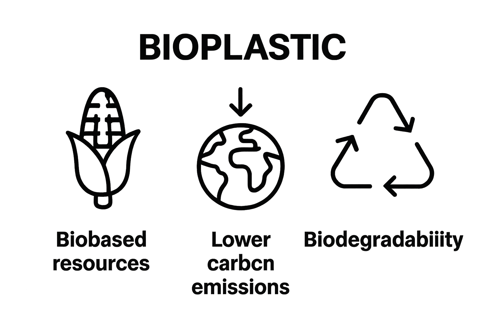 Three visual benefits of bioplastic: biobased resources, lower carbon emissions, biodegradability