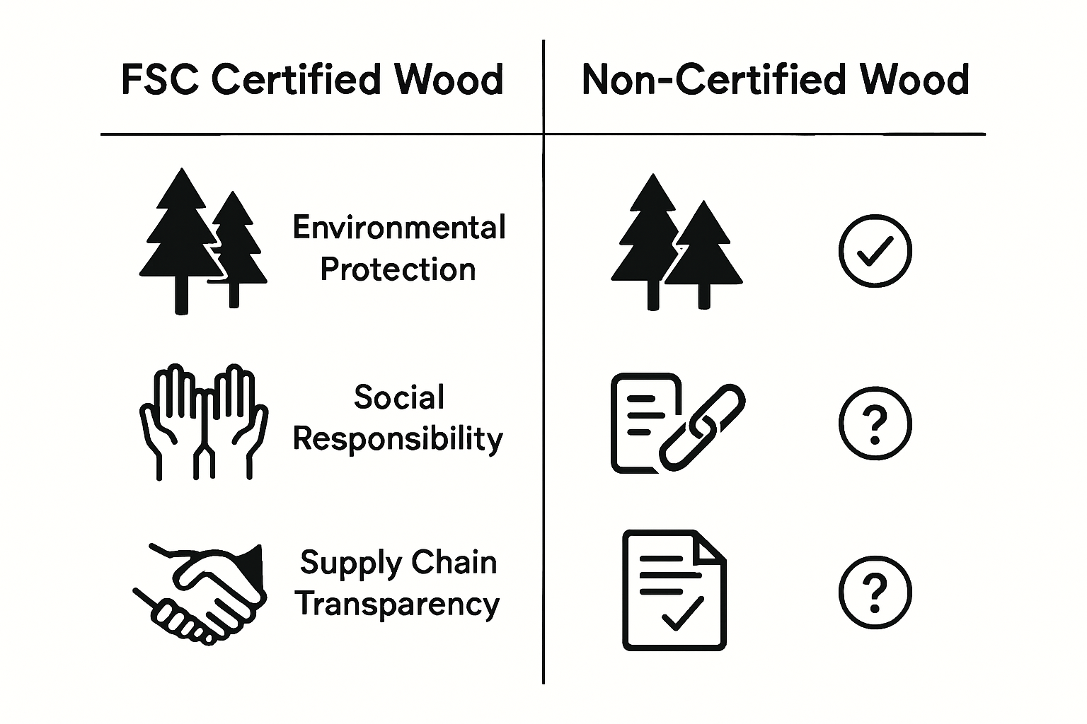 FSC certified wood versus non-certified wood simple icon comparison