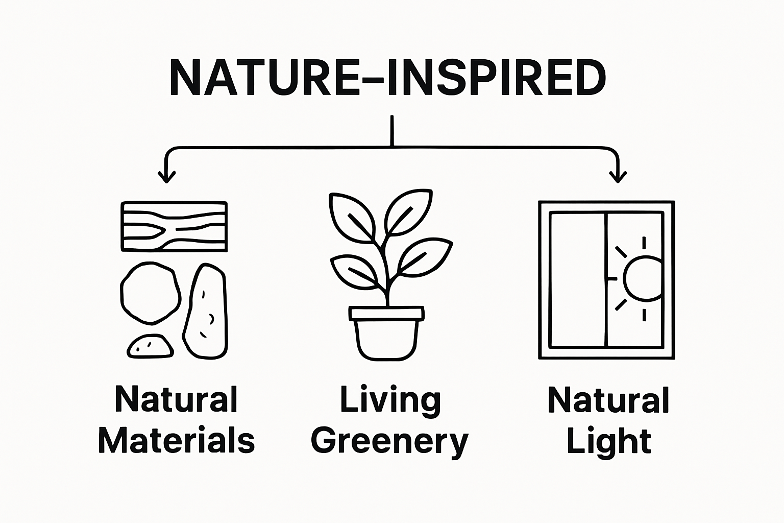 Infographic showing main elements of nature inspired interior design: materials, living plants, natural light