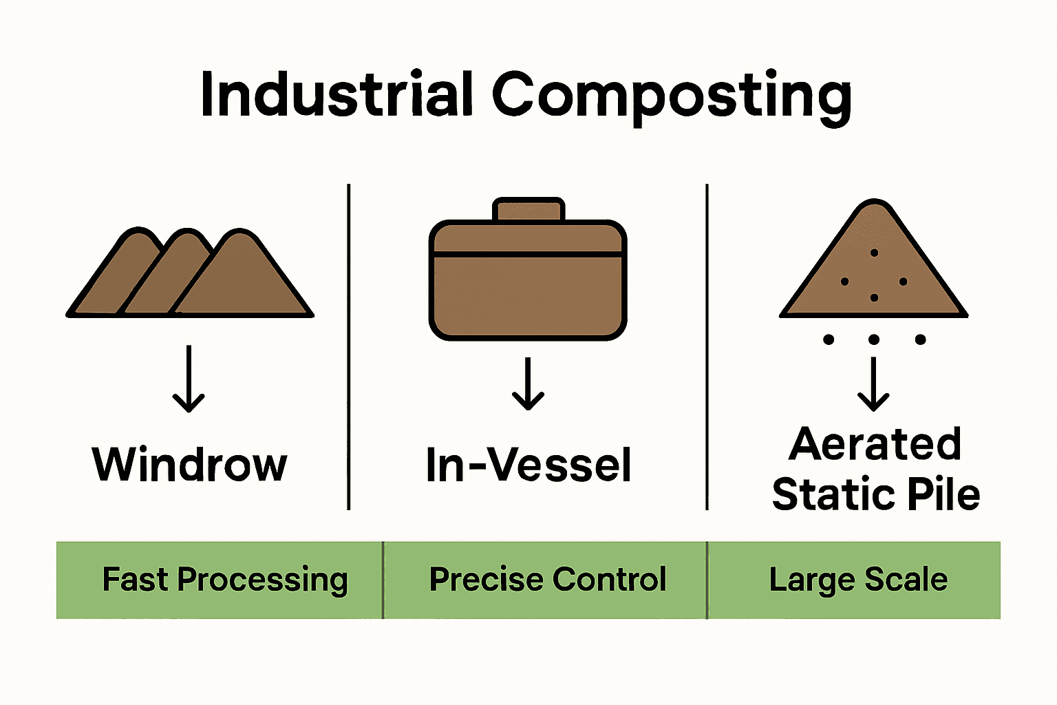 Infographic comparing windrow, in-vessel, and aerated static pile composting methods.