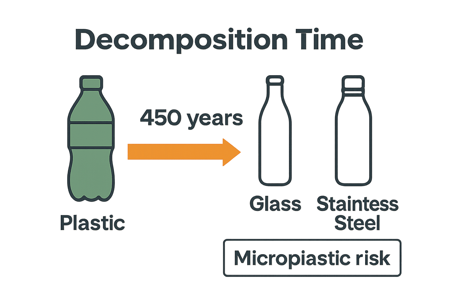 Comparison infographic of plastic, glass, and stainless steel bottle decomposition