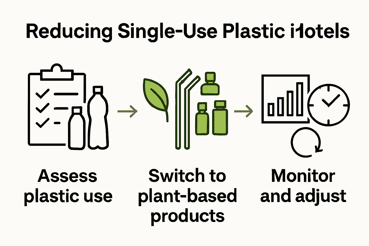 Infographic showing steps to reduce single use plastic in hotels: assessment, alternatives, monitoring.