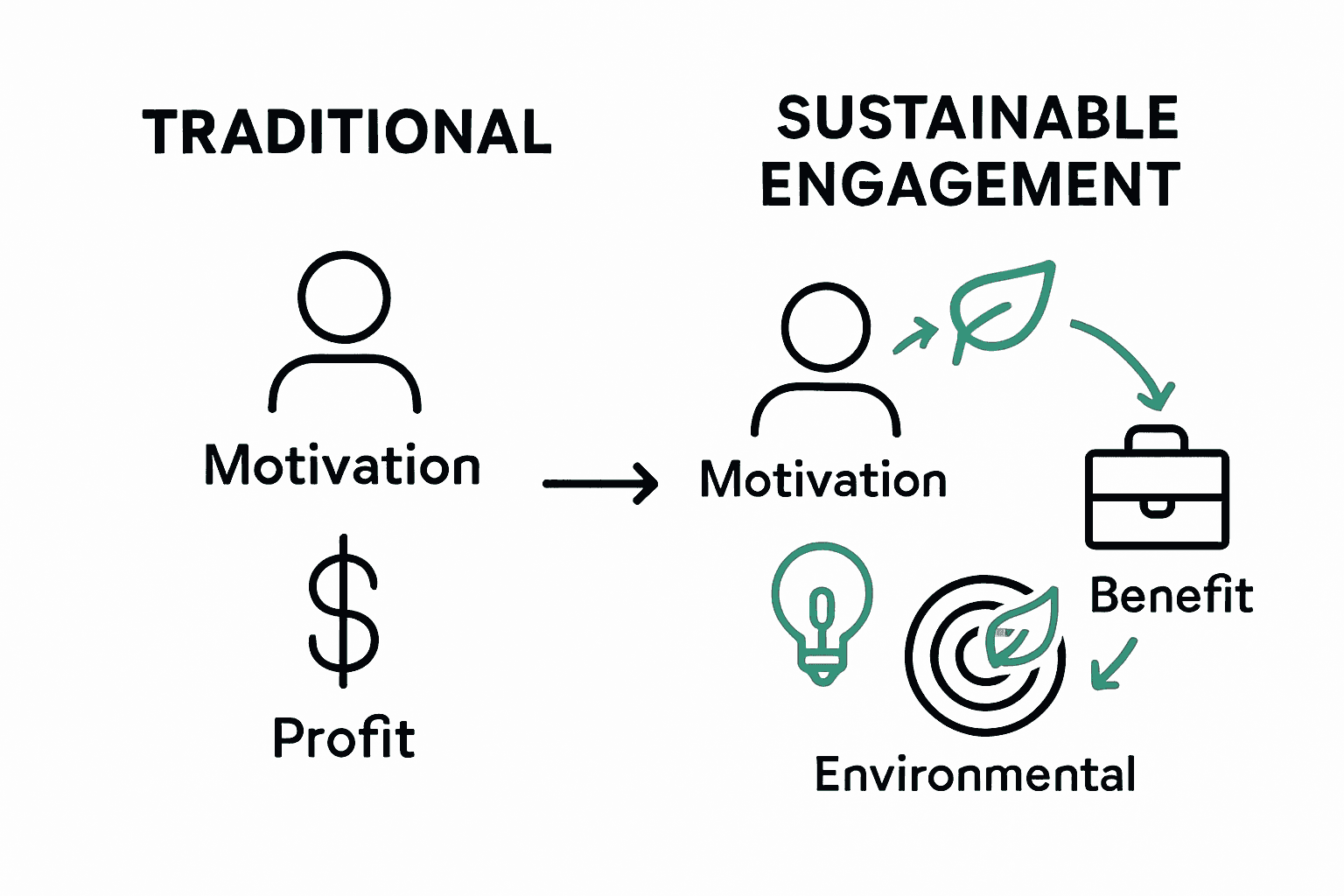 Infographic comparing traditional and sustainable employee engagement with icons for people, profit, and environmental responsibility.