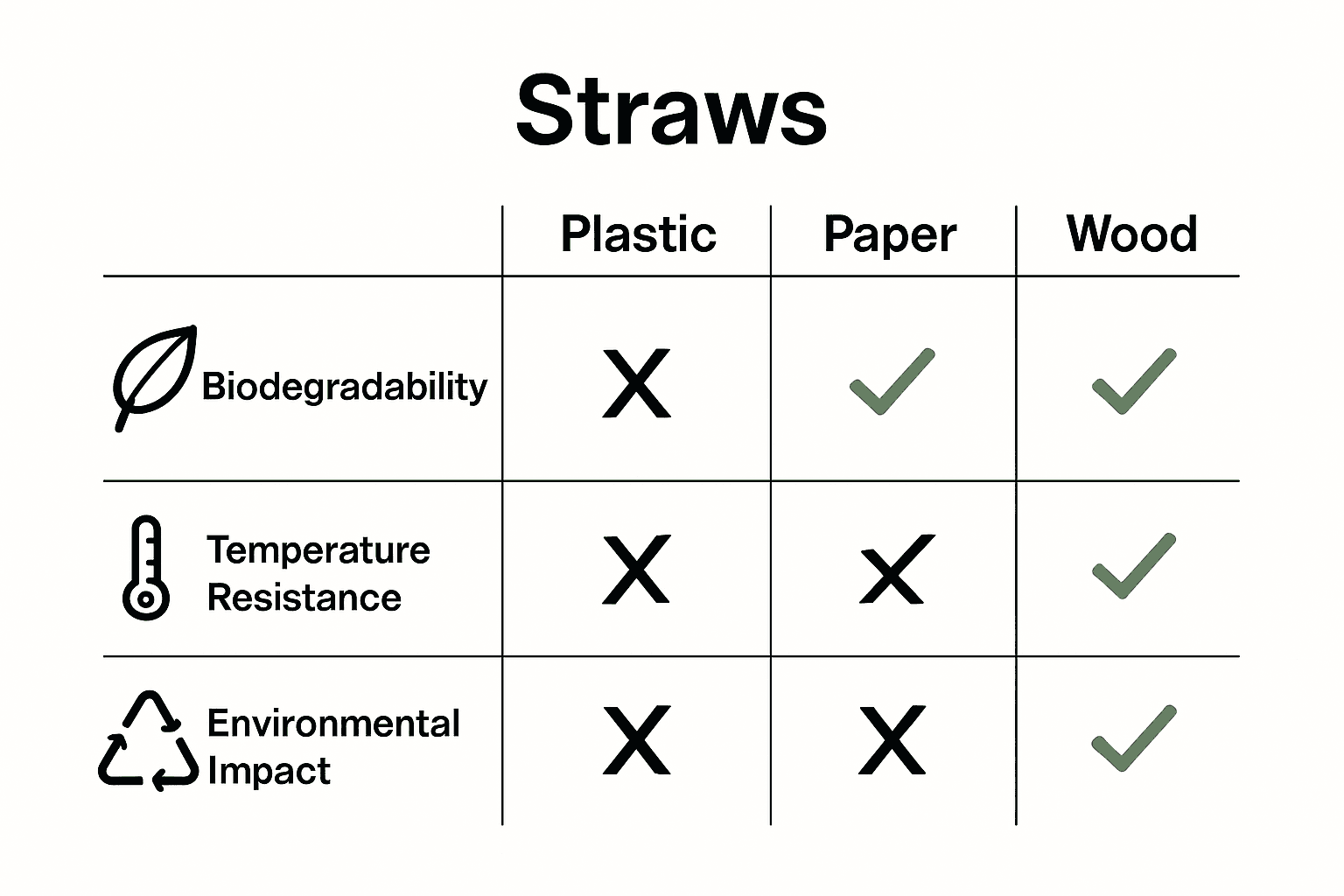 Infographic showing major differences between plastic, paper, and wood straws in biodegradability, heat resistance, and environmental impact.