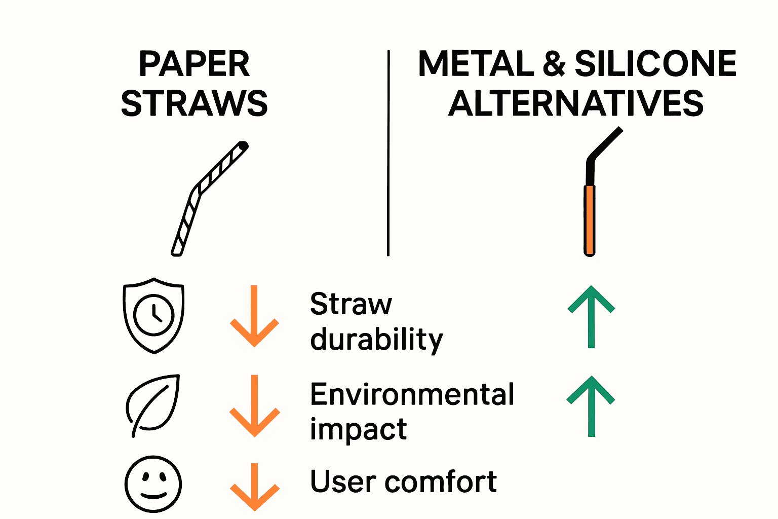 Infographic comparing paper straws, metal, and silicone alternatives on durability, environment, and comfort.