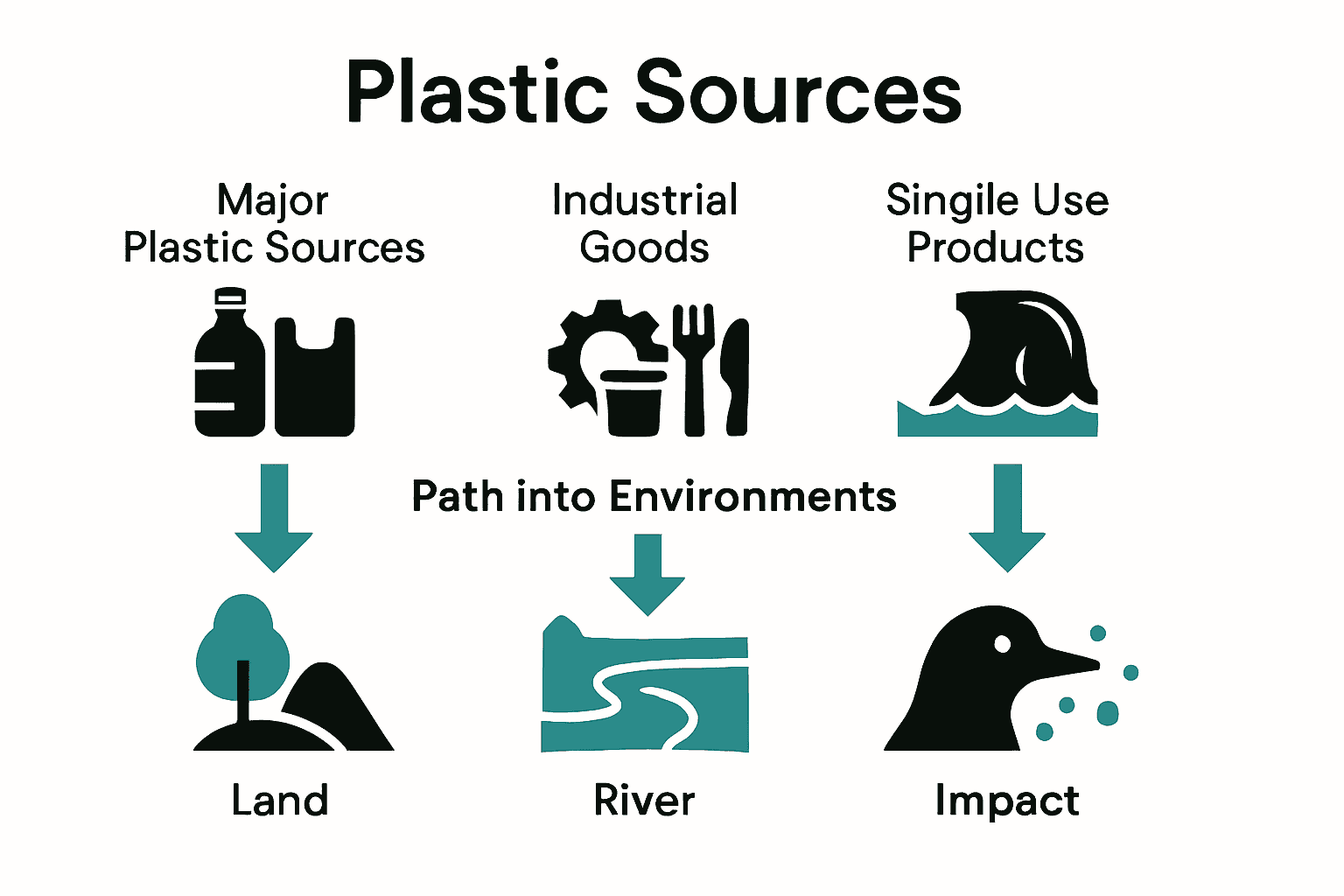 Infographic showing sources, pathways, and impacts of plastic pollution.