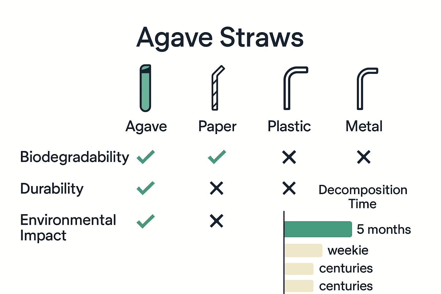 Infographic comparing sustainability of agave, paper, plastic, and metal straws
