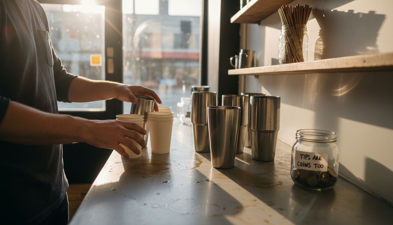 Barista sets out reusable and biodegradable cups