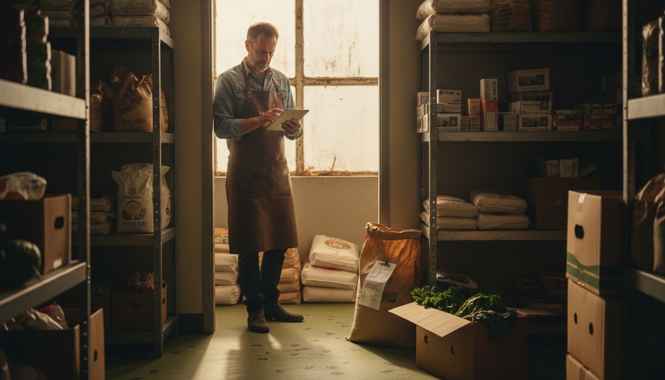 Restaurant owner checking orders in stockroom