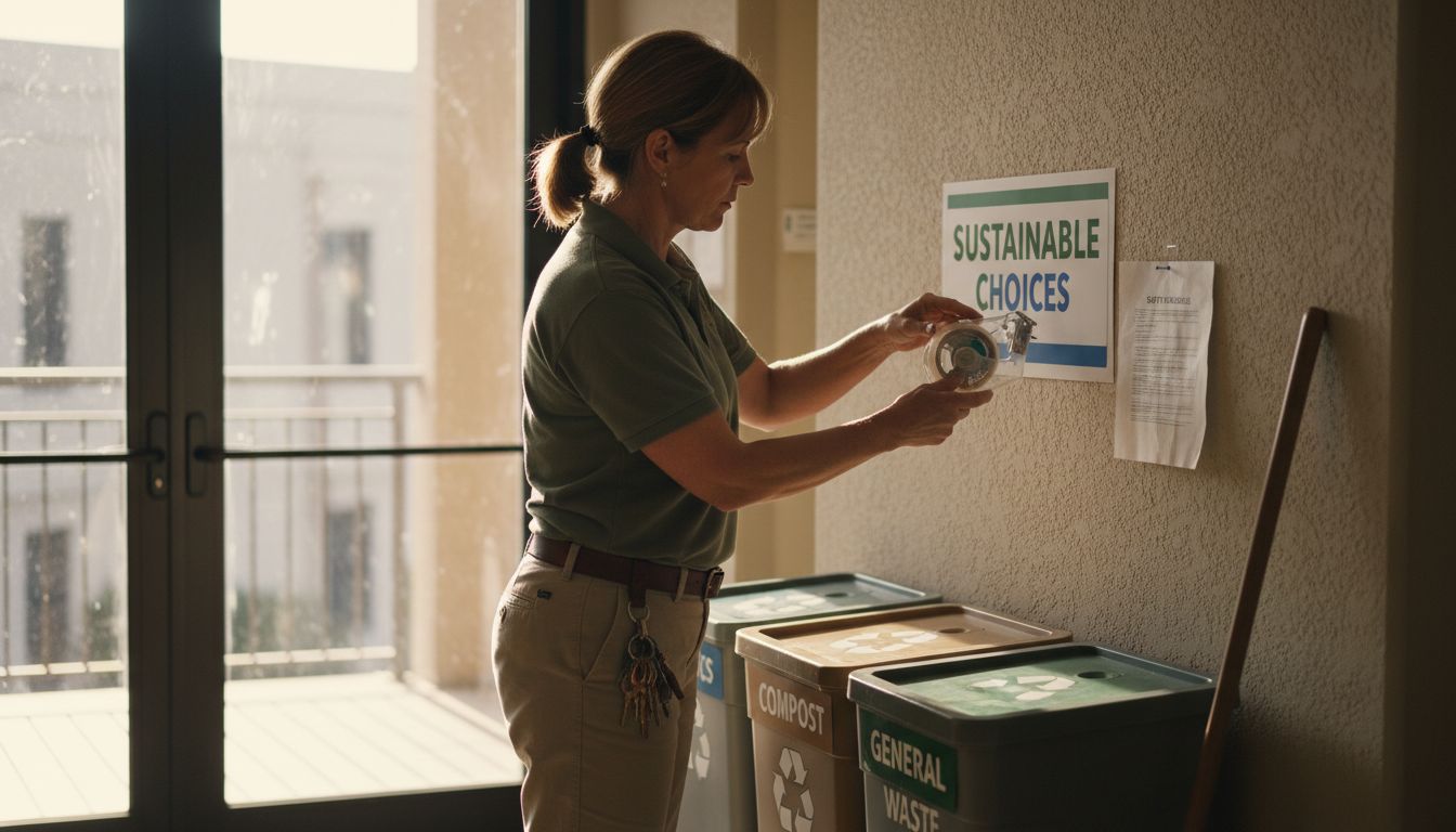Manager updating sustainable recycling station signage