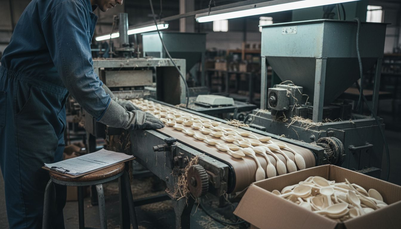 Worker inspecting biodegradable spoons on line