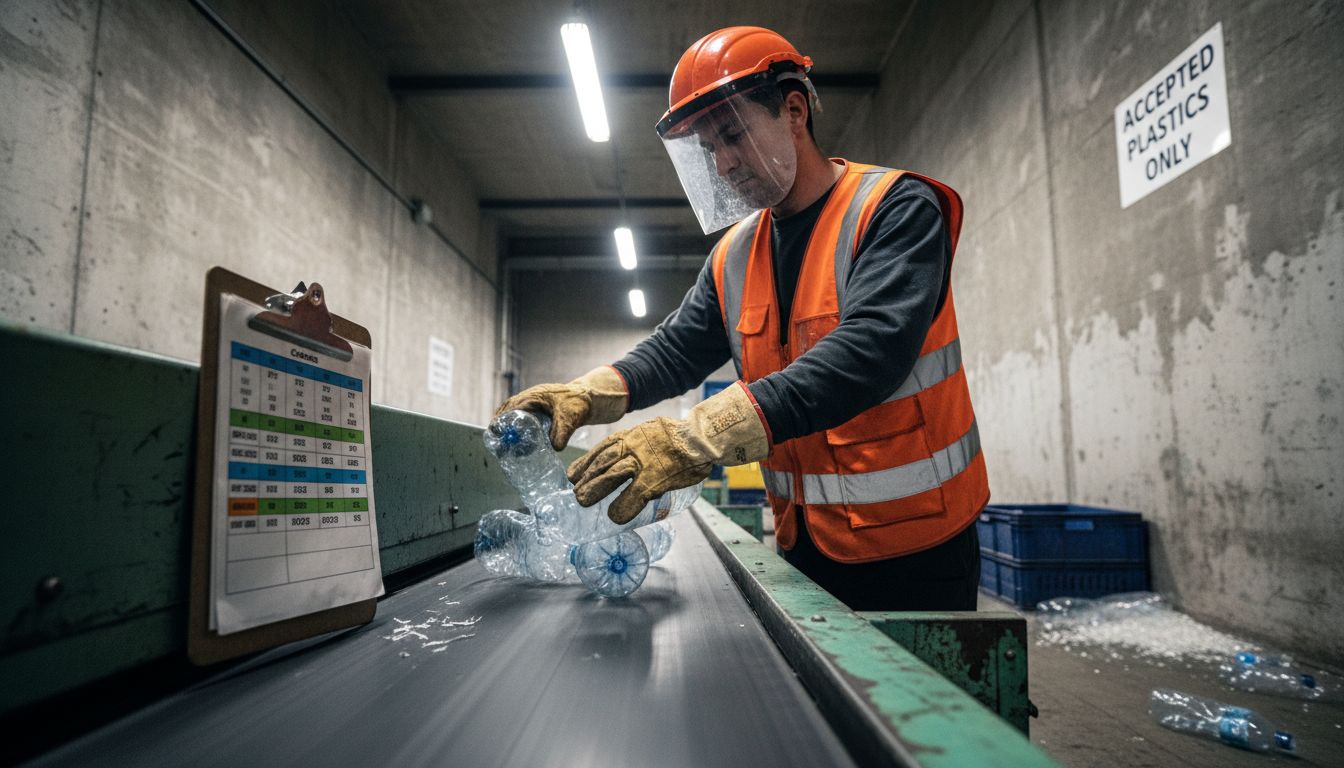 Plastic types on recycling facility conveyor