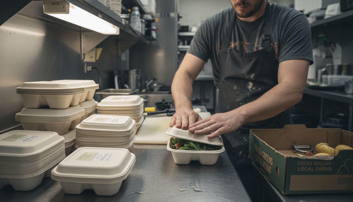 Cook packing salad in compostable container