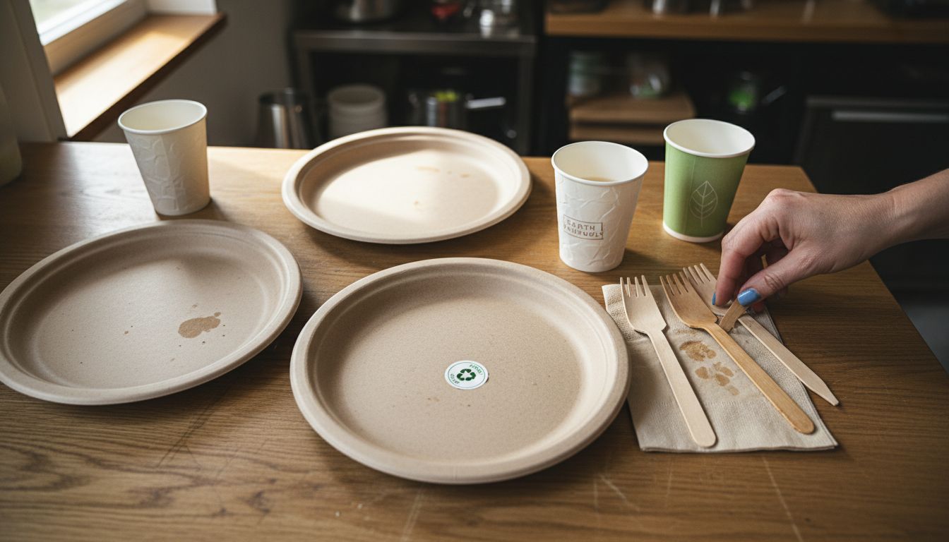 Biodegradable plates and bamboo cutlery closeup